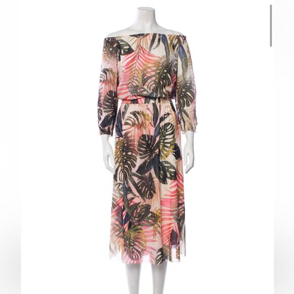 Fuzzi Jungle Mesh Print Off the Shoulder Midi Dress, EUC, Size Medium, MSRP $895 - Picture 1 of 10